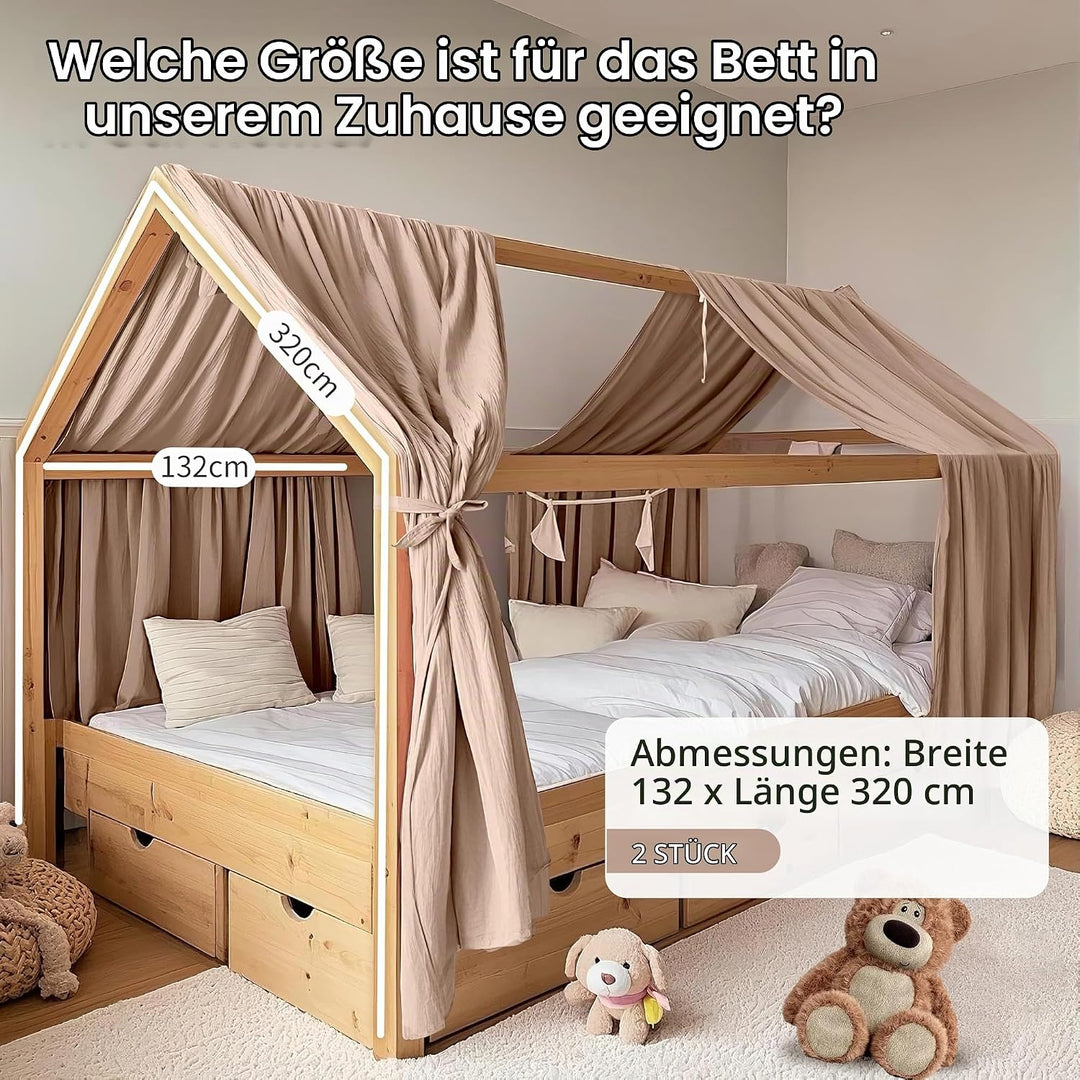 Hausbetthimmel 2 Stück, handgefertigt aus 100% Baumwoll-Musselin, Stoffhimmel zur Hausbettdekoration