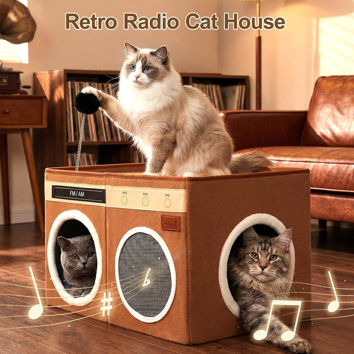 Retro Radio Katzenhaus, Grosses klappbares Katzenbett für Innen | Katzenhöhle mit Kratzbrett &amp; biegb