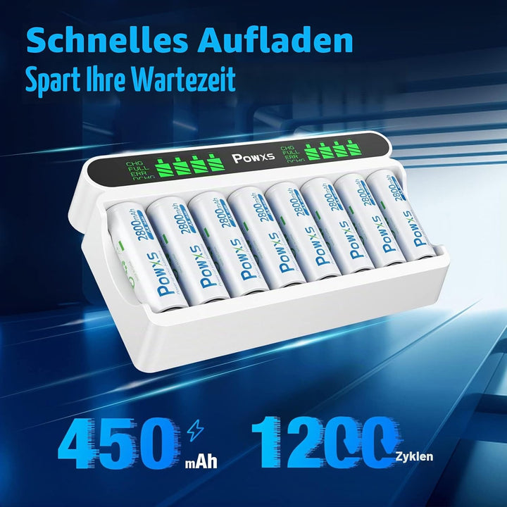 POWXS Batterie Ladegerät 8 Fach mit 8 AA Akkus, AA AAA Akkuladegeräte mit LCD Display, Hohe Kapazitä