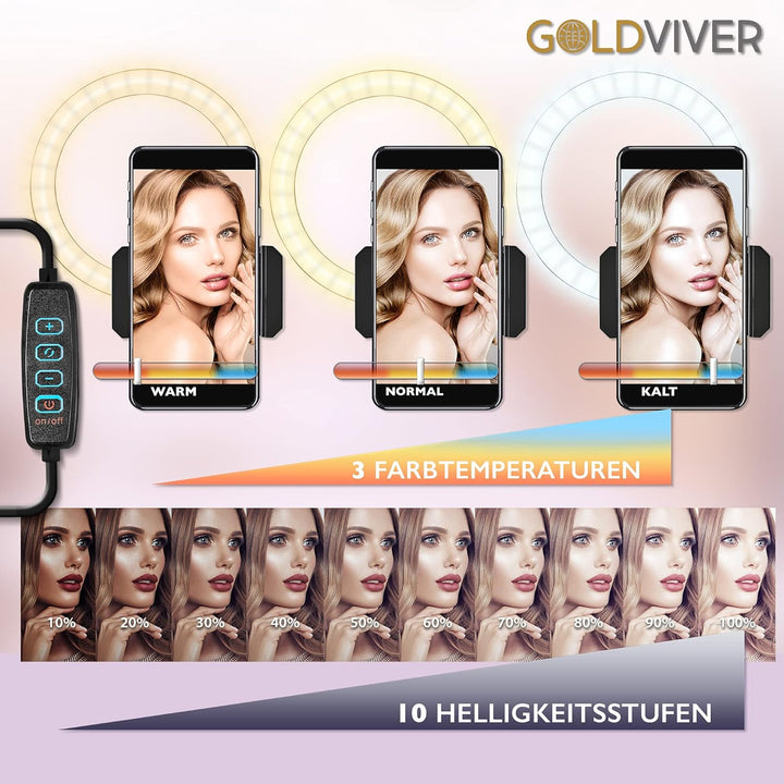 Ringleuchte Dimmbar – 10 Zoll Ringlicht mit Stativ & Bluetooth Selbstauslöser – 10 Helligkeitsstufen
