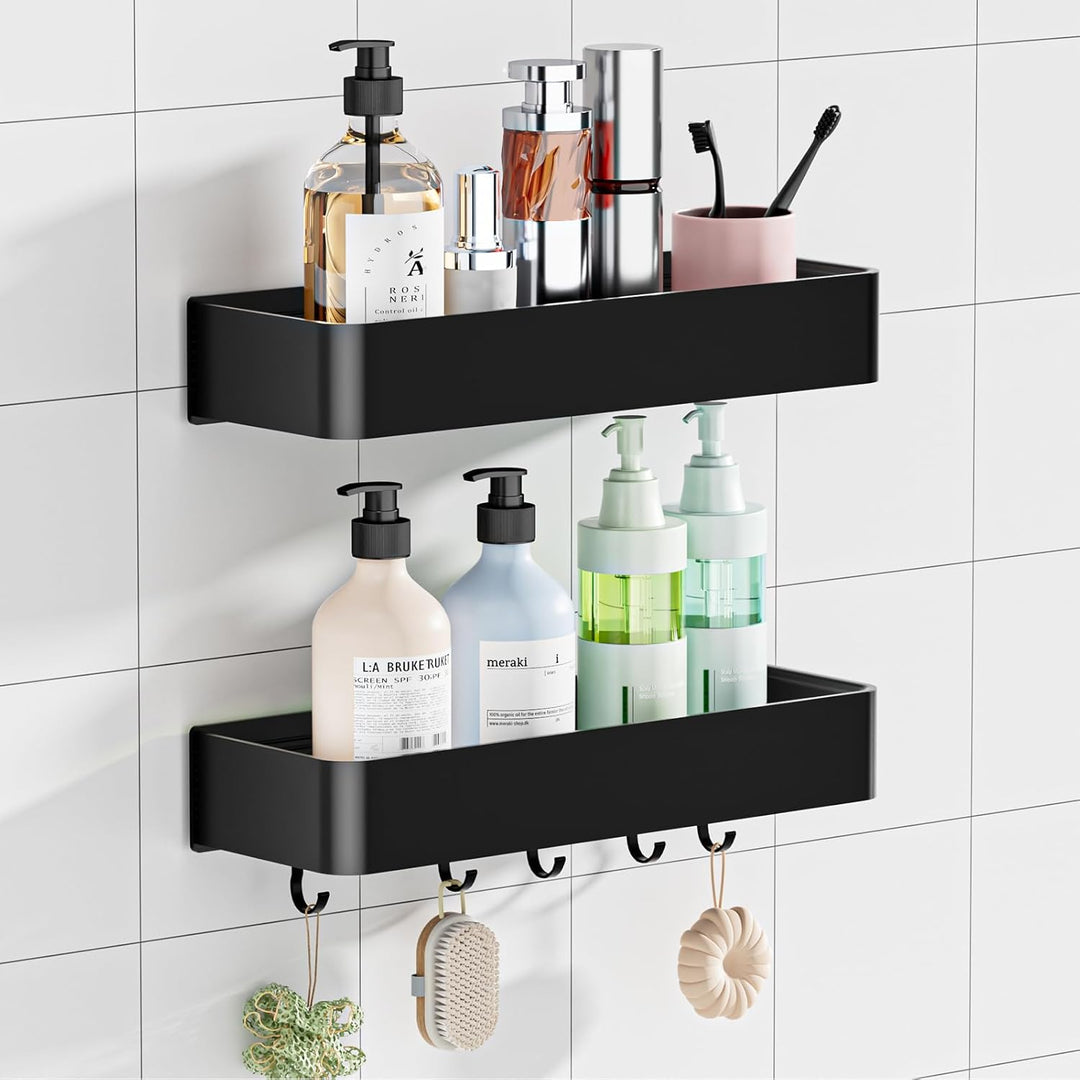Wisfame Duschablage ohne Bohren, 2 Stück Aluminium Badezimmer Organizer mit 5 Haken, Wasserdichter,