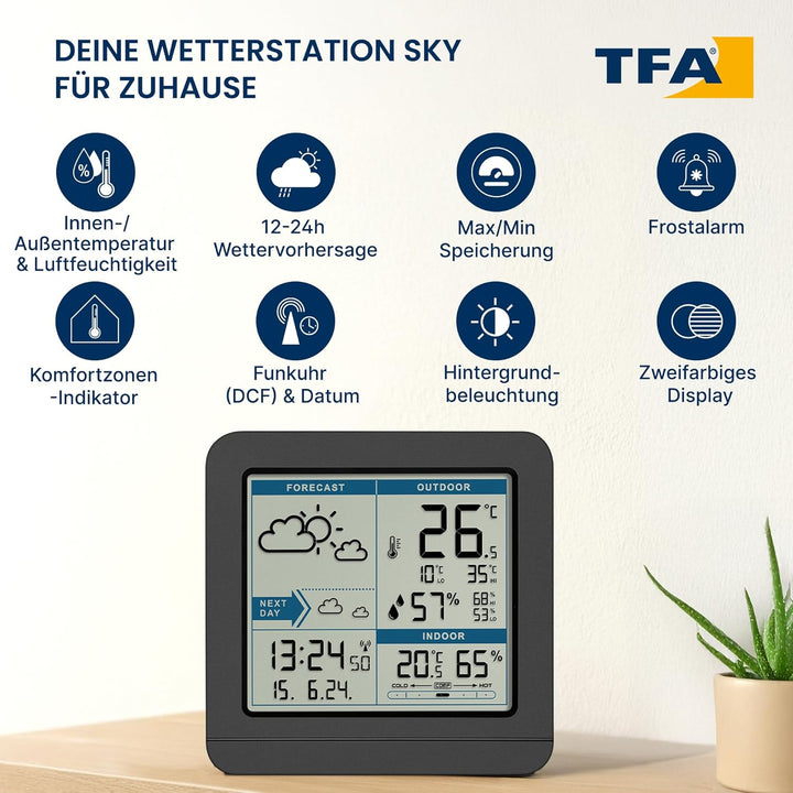 TFA Dostmann SKY Funk-Wetterstation, 35.1152.01,Wetterstation Funk mit Aussensensor, Wettervorhersag