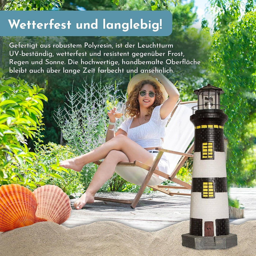 NATIV LEMODO Gartendeko Leuchtturm 83cm hoch | Handbemalte Gartenfigur mit solarbetriebenem, rotiere