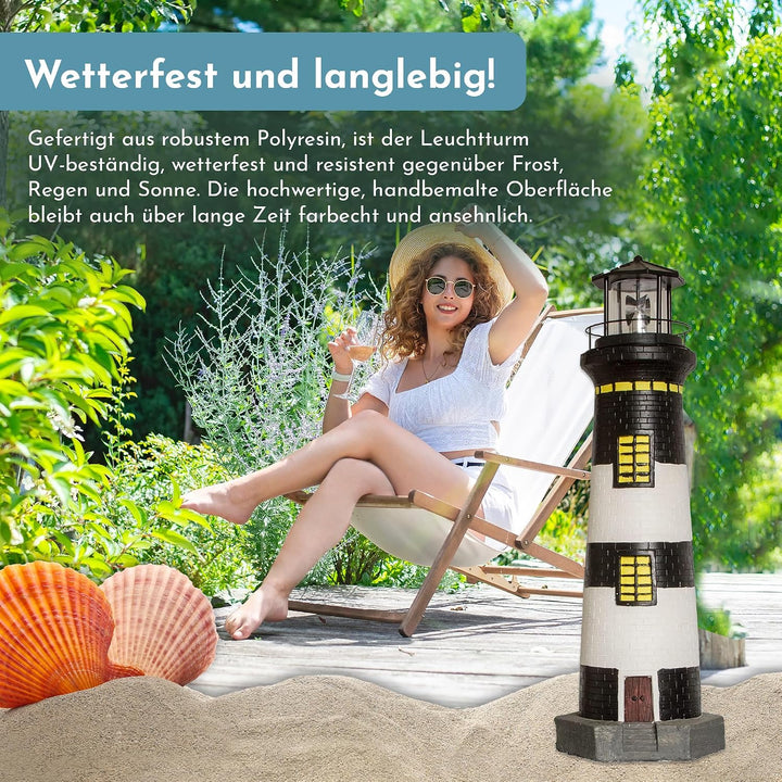 NATIV LEMODO Gartendeko Leuchtturm 83cm hoch | Handbemalte Gartenfigur mit solarbetriebenem, rotiere