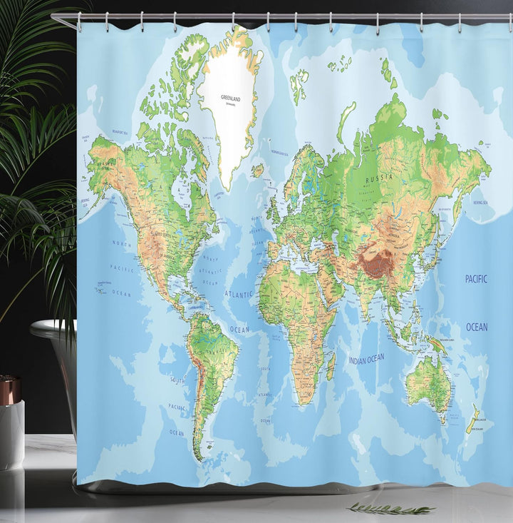 ABAKUHAUS Weltkarte Duschvorhang, Topographische Bildung, mit 12 Ringe Set Stielvoll Modern, 175x200
