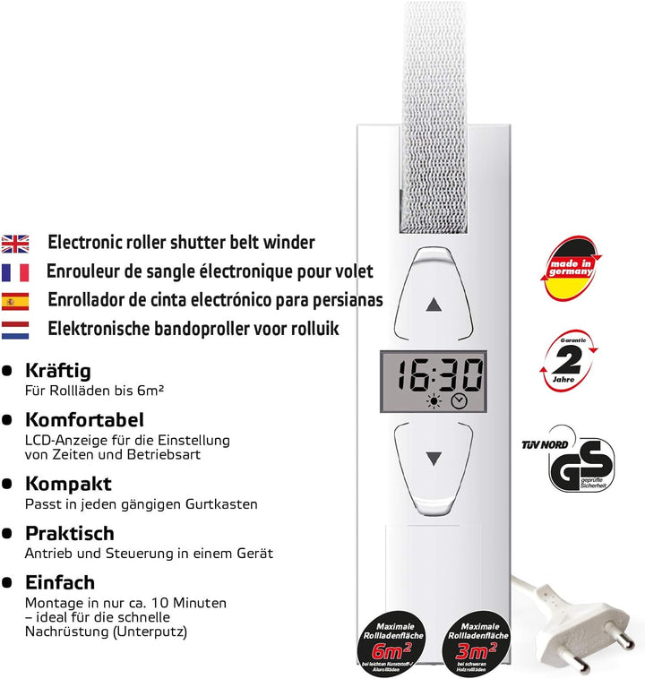 SuperRollo GW250 elektrischer Gurtwickler, Display &amp; Komfort, Unterputz, für 23 mm, Rolladenantrieb