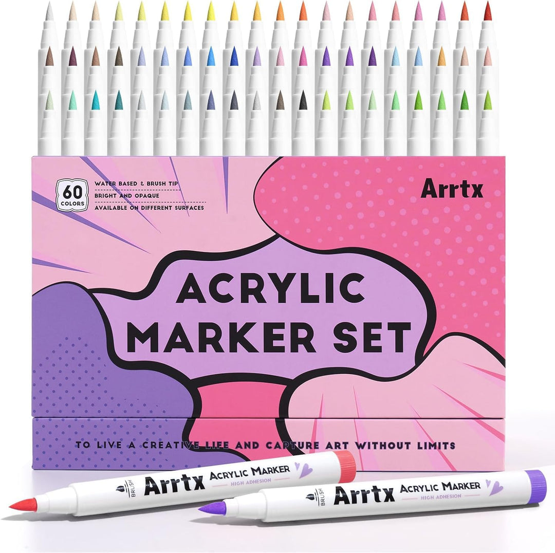 Arrtx Acrylmalstifte 60 farben, Pinselspitze Acrylstifte für Steine Wasserfest Felsmalerei, Glas, St