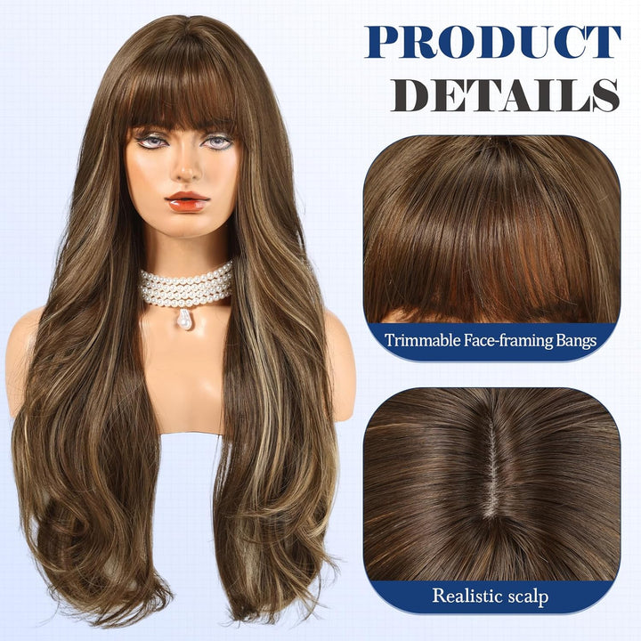HAIRCUBE Lange braune Perücke mit blonden Strähnchen und Pony, 55,9 cm, gestufte lockige Perücken fü