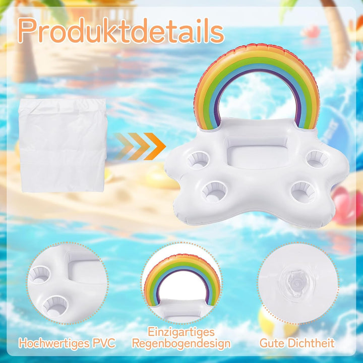 Morofme Regenbogen Getränkehalter Pool, 2in1 Snacks Poolbar Aufblasbar, 5 Löcher Aufblasbarer Geträn