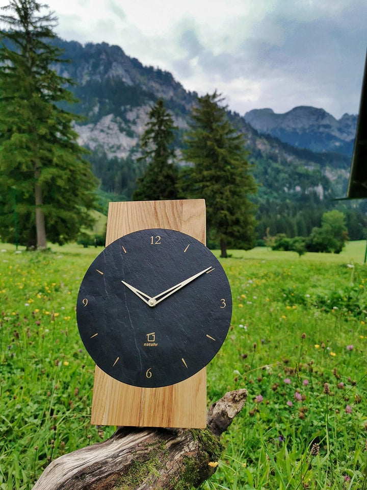 Natuhr Schiefer Wanduhr - Watzmann - Holz Design Schiefer schwarzer Stein geräuscharm nachhaltige Fo