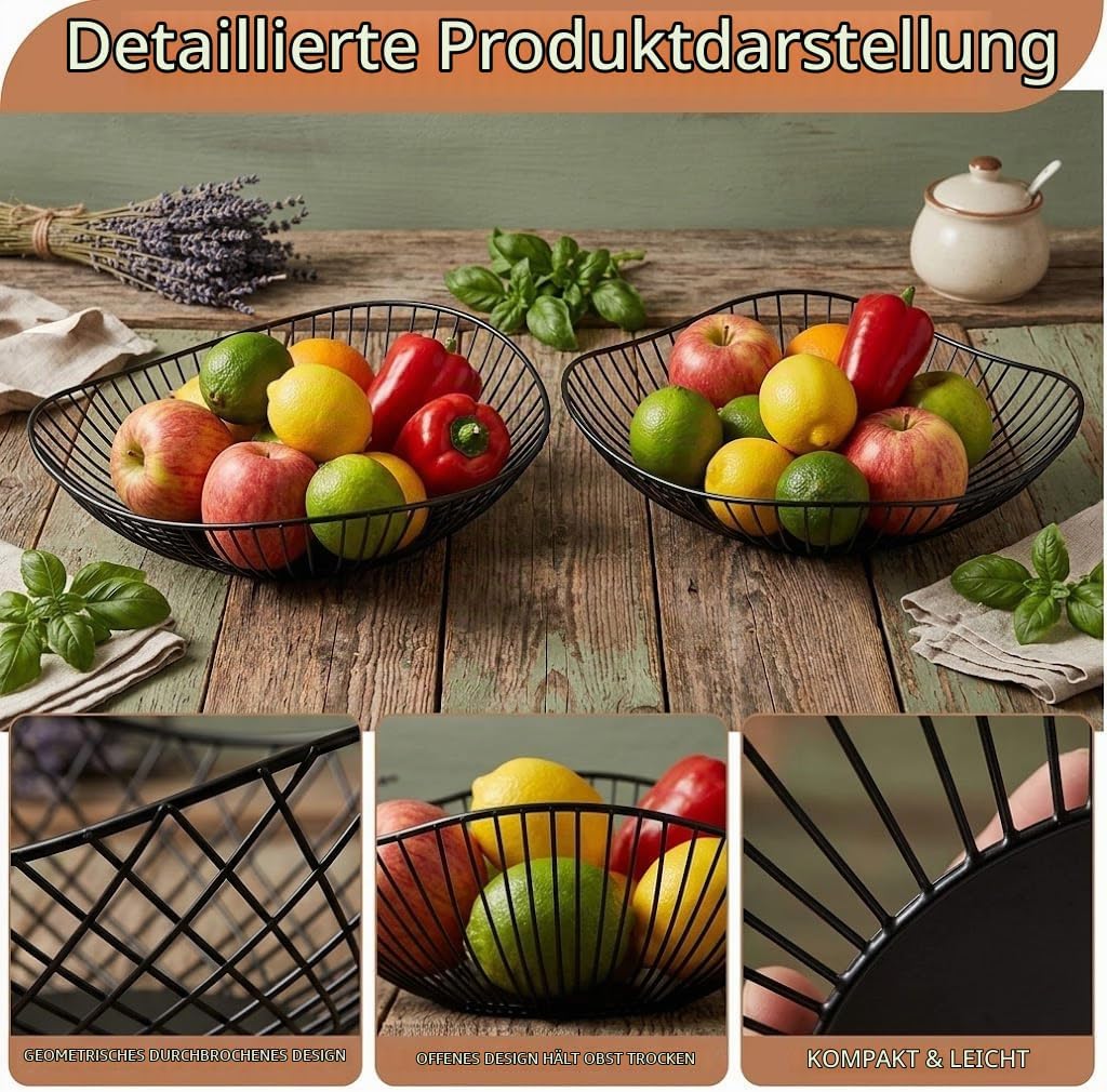 2er Set Obstkörbe Metall, Moderner Metall Obstkorb mit Hohlraum design,Flacher Obstkorb, für Haushal