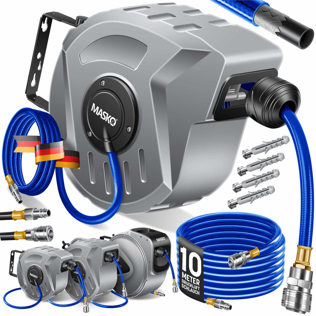 MASKO® 10m Druckluftschlauch Aufroller automatisch 1/4" Anschluss - Schlauchtrommel Wandschlauchhalt