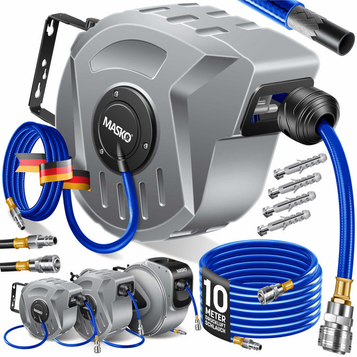 MASKO® 10m Druckluftschlauch Aufroller automatisch 1/4" Anschluss - Schlauchtrommel Wandschlauchhalt