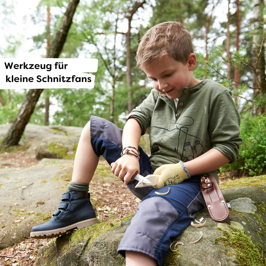 HABA Terra Kids Schnitzmesser – Taschenmesser-Set für Kinder ab 6 Jahren – inkl. Handschuhen, Schnit