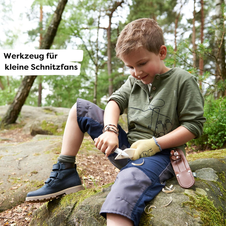 HABA Terra Kids Schnitzmesser – Taschenmesser-Set für Kinder ab 6 Jahren – inkl. Handschuhen, Schnit