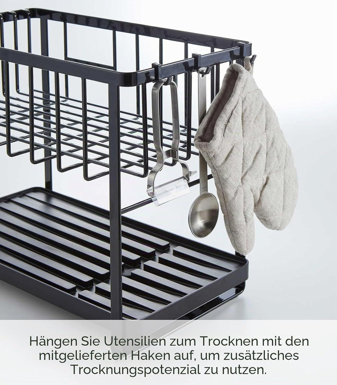 YAMAZAKI Home Turm-Abtropfgestell mit Zwei Ebenen, verstellbar, kompaktes Abtropfgestell mit Haken,