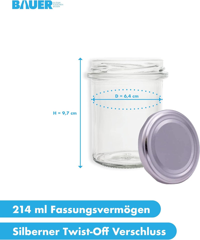 flaschenbauer.de 24er Set Sturzgläser 214 ml inkl. silberne Twist Off Deckel TO66 zum Einmachen von