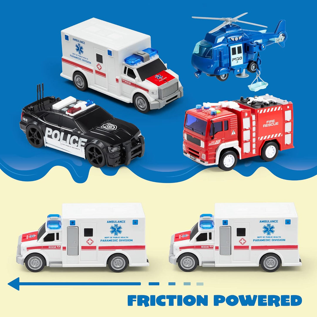 JOYIN 4er Pack Reibungsgetriebenes City Hero Spielzeug mit Feuerwehrauto, Krankenwagen, Polizeiauto