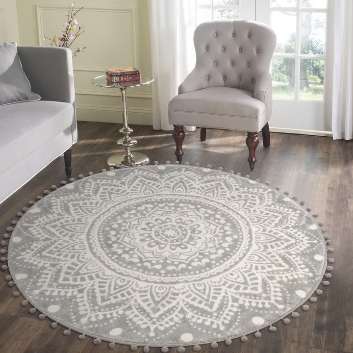 KIMODE Boho Runder Grau Teppich 120cm Mandala Schlafzimmer Weicher Grosser Teppich mit Pom Pom Frans