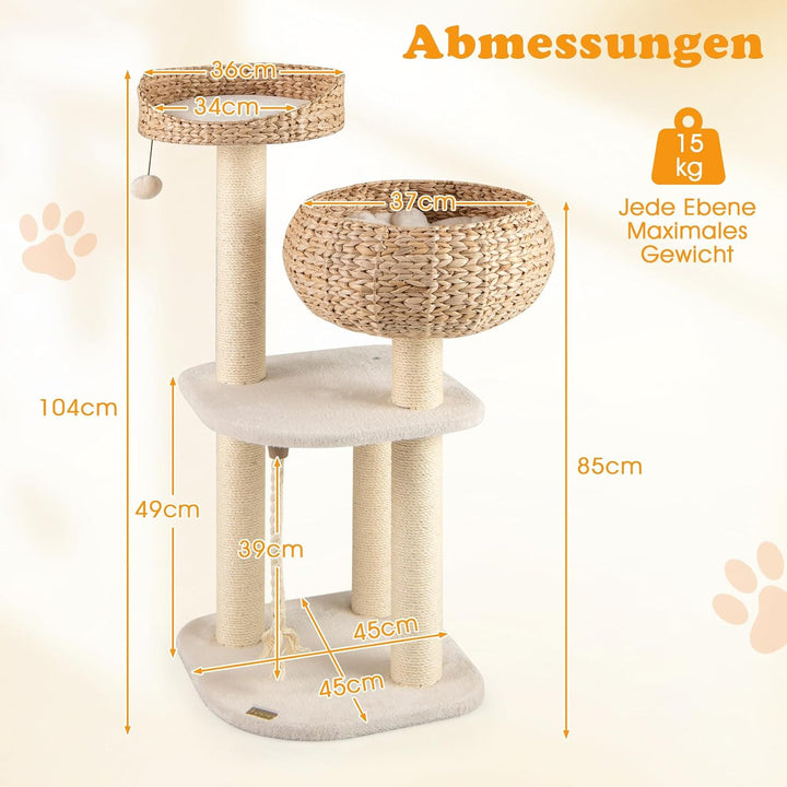 GYMAX Kratzbaum 104 cm, Katzenbaum Rattan mit Korb, Sisalstämme, Hängender Ball &amp; eine Schlinge, Sta
