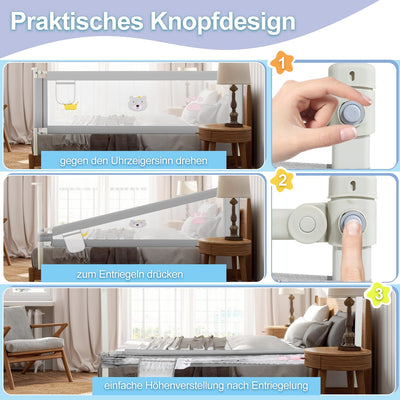 Jopassy 3er Bettgitter 2x200cm 1x180cm Bettschutzgitter für Kinder Rausfallschutz Bett Kinderbettgit