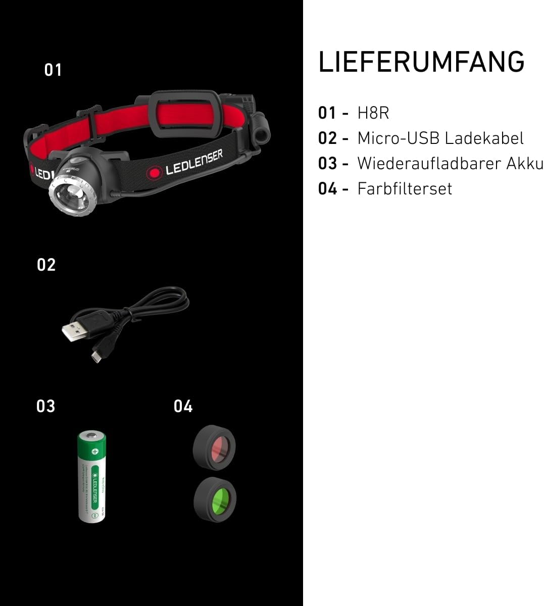 Ledlenser H8R, LED Stirnlampe, 600 Lumen, bis zu 120h Laufzeit, rotes Rücklicht, inkl. Akku, aufladb