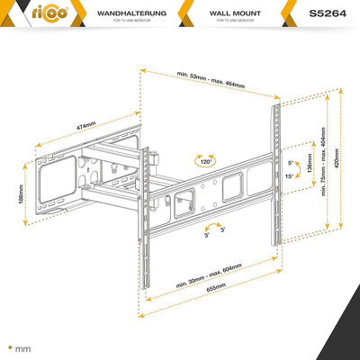 RICOO TV Wandhalterung Fernseher Schwenkbar Neigbar für 37-70 Zoll, Universal TV Halterung S5264, Fe