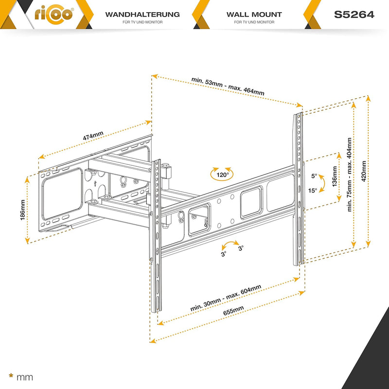 RICOO TV Wandhalterung Fernseher Schwenkbar Neigbar für 37-70 Zoll, Universal TV Halterung S5264, Fe