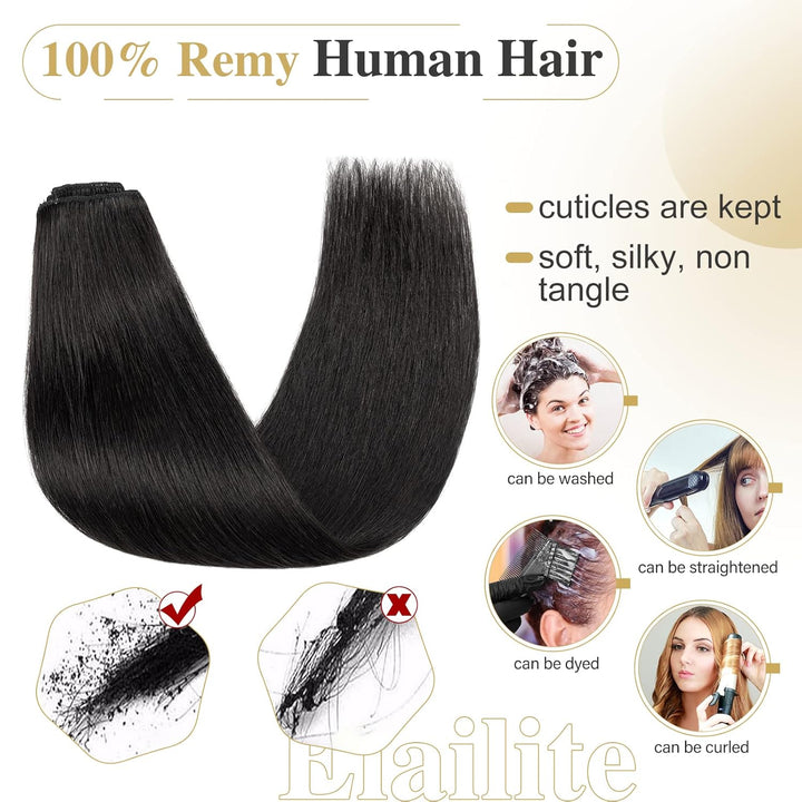 Elailite Extensions Echthaar Clip in 8 Tressen Glatt #1 Schwarz, Haarverlängerung Real Human Haar 25