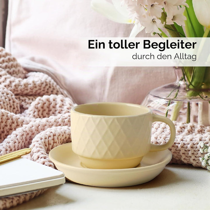 MIAMIO – 6 x 75 ml Espresso Tassen/Espressotassen Set mit Ständer Steingut Keramik - Palmanova Kolle