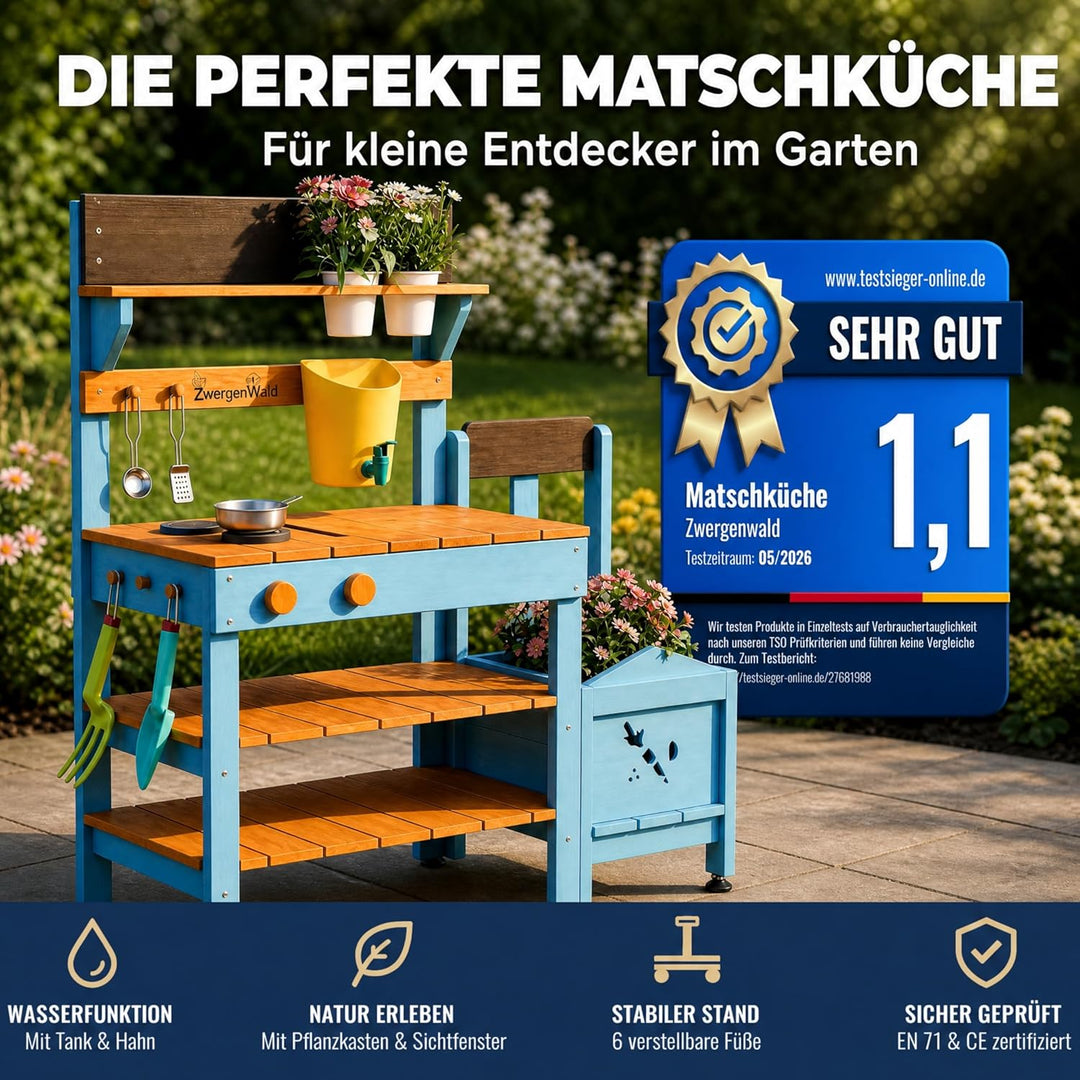Matschküche Kinder Outdoor mit Wassertank & Spülbecken, mit Pflanzkasten, Mud Kitchen Holz, Spielküc