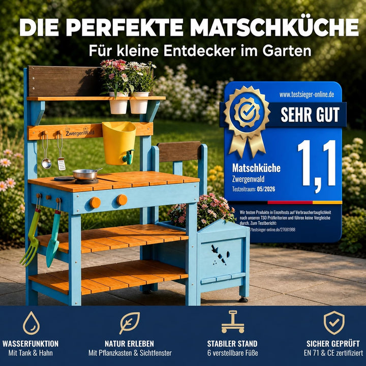 Matschküche Kinder Outdoor mit Wassertank & Spülbecken, mit Pflanzkasten, Mud Kitchen Holz, Spielküc