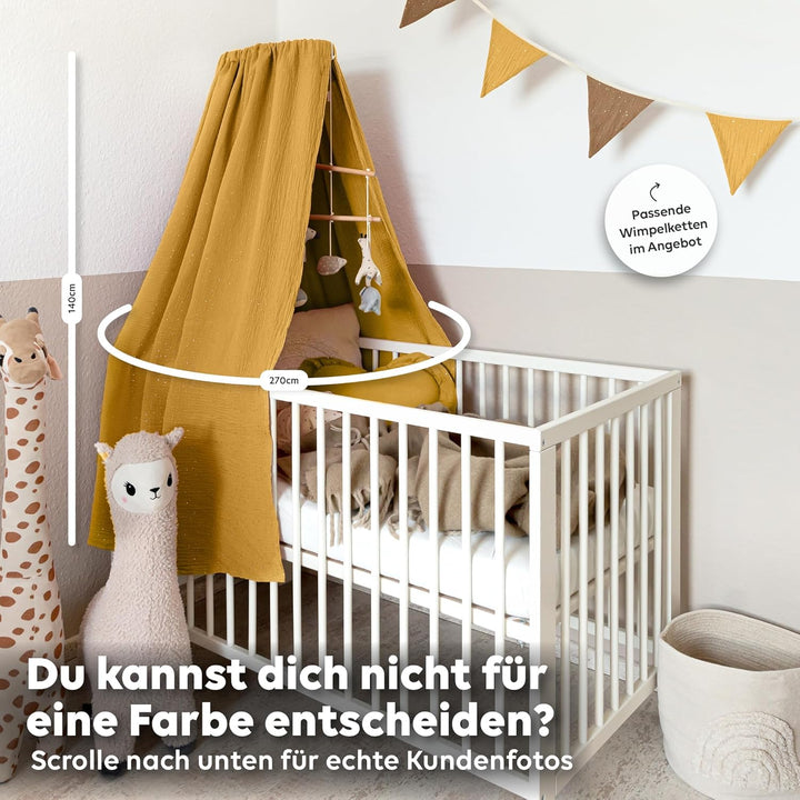 Betthimmel Babybett mit Goldapplikationen [in 12 Farben] Himmel Babybett aus 100% Baumwolle Musselin