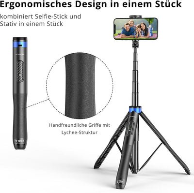 ATUMTEK 130CM Selfiestick, Bluetooth Selfie-Stick mit Hochbelastbarem Aluminium und Rutschfesten Dre