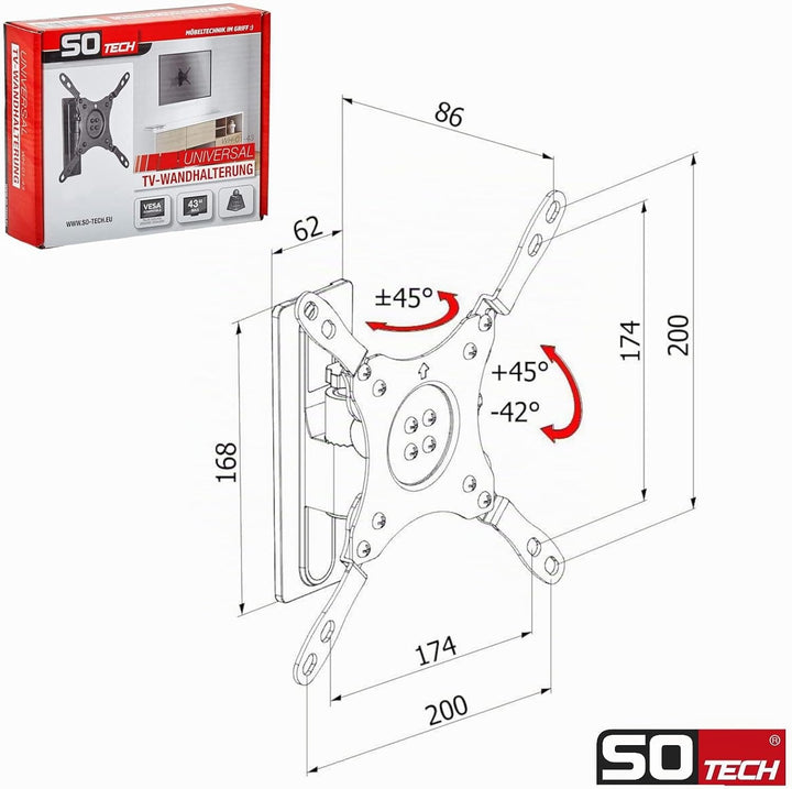SOTECH TV Wandhalterung WH-01-43 | Drehbare, neigbare TV Halterung für 13-43 Zoll Bildschirmdiagonal