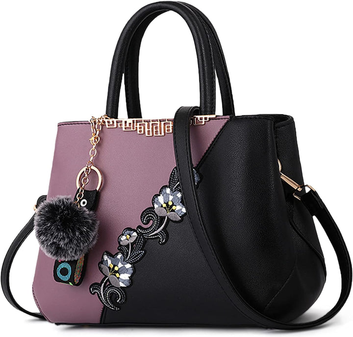 DIRRONA Handtasche Damen Gross – Umhängetasche & Tote Bag mit Blumenstickerei und Pom-Pom-Dekoration