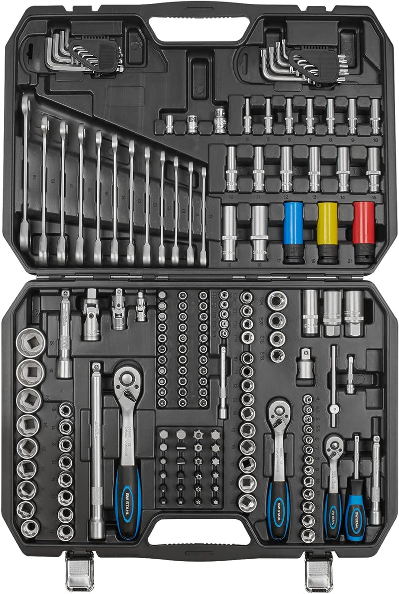 SW-Stahl 07635L Steckschlüsselsatz mit Umschaltnarren 1/4", 3/8", 1/2" / 176-teilig/Ratschenkasten/K