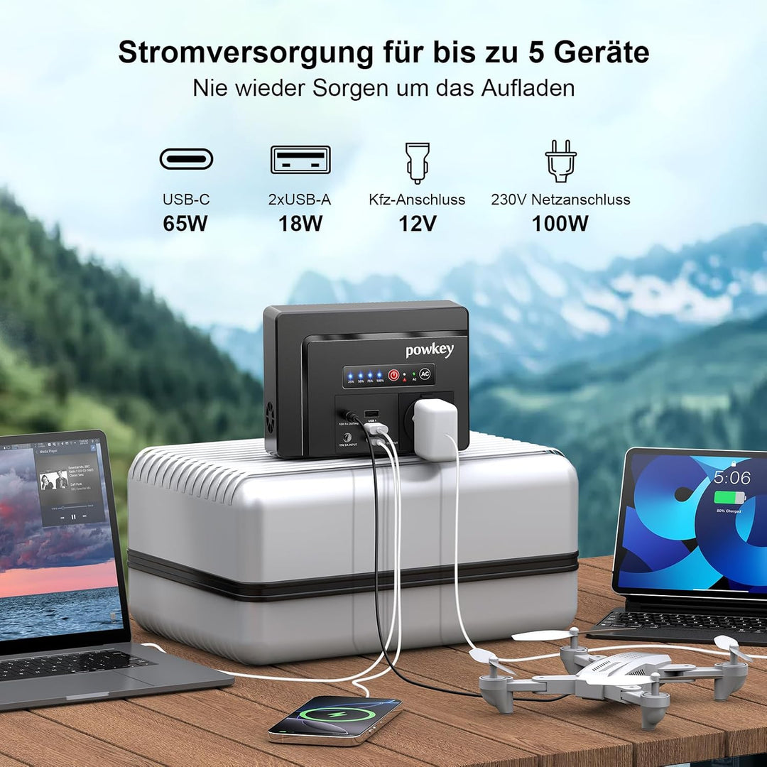 Powkey Tragbare Powerstation 26400mAh/97.68Wh mit Faltbares Solarpanel 40Watt,100W Solargenerator mi