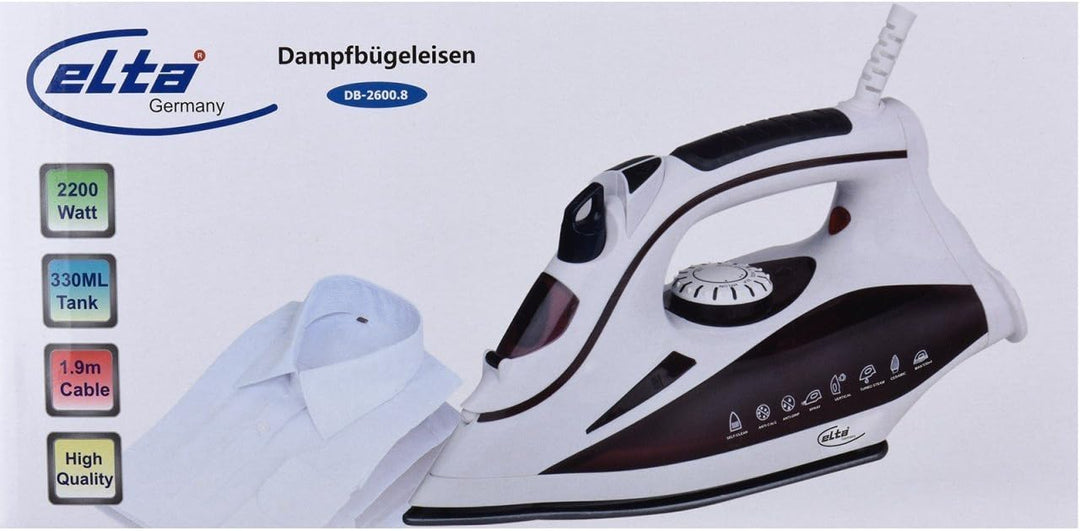 Elta Dampfbügeleisen DB-2600.8 (2200 Watt, 330ml Wassertank, 1,9m Kabel, Keramiksohle, Anti-Tropf-Fu