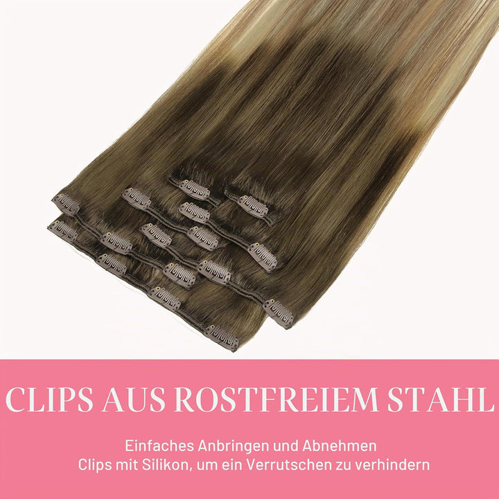 GOO GOO Clip in Extensions Echthaar, 120g 7 Stück 35cm 14 Zoll Walnussbraun bis Aschbraun und Bleich