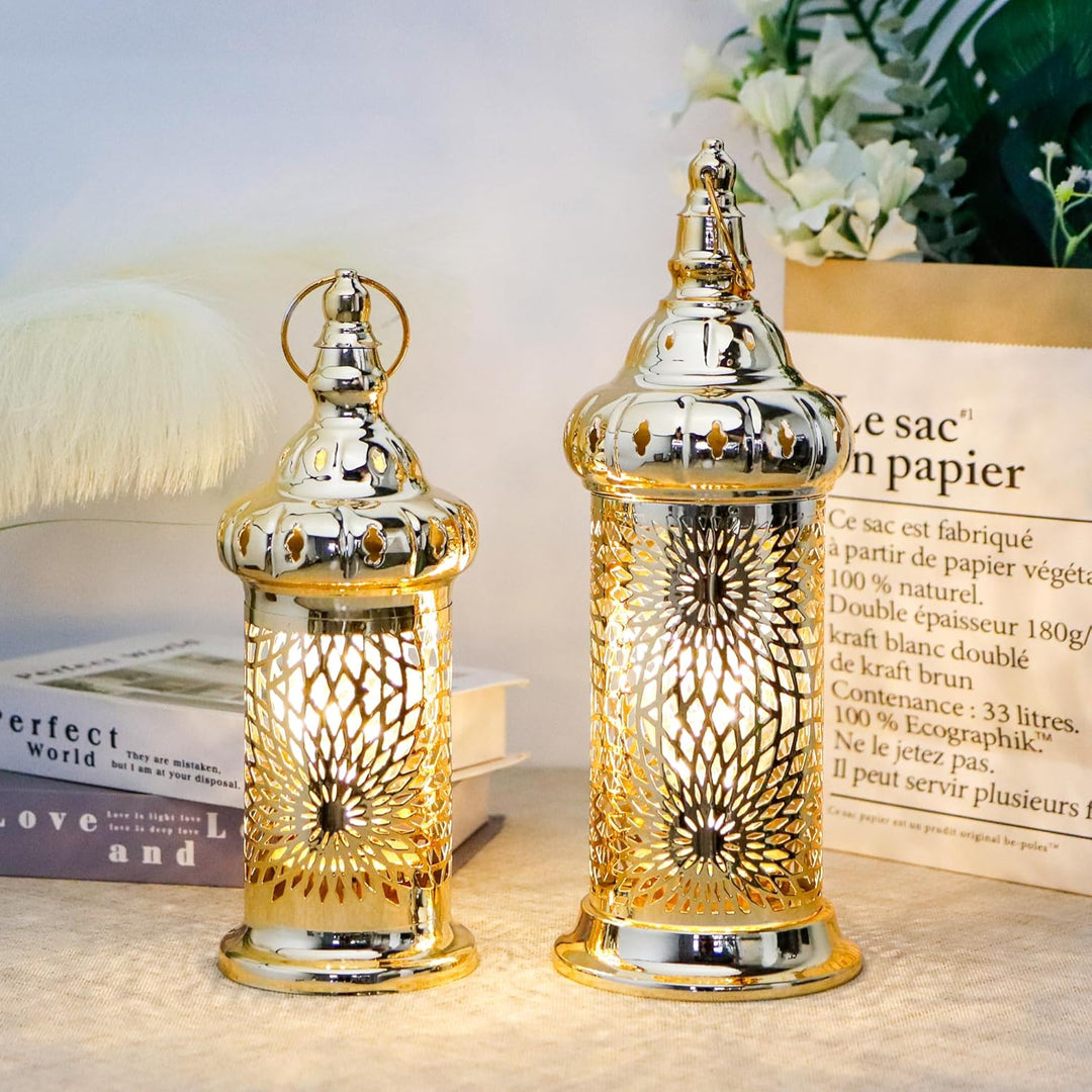 TRIROCKS Ramadan Laternen, 2er-Set 32 cm & 25 cm grosse goldene elektrische Kerzenhalter mit Timer,