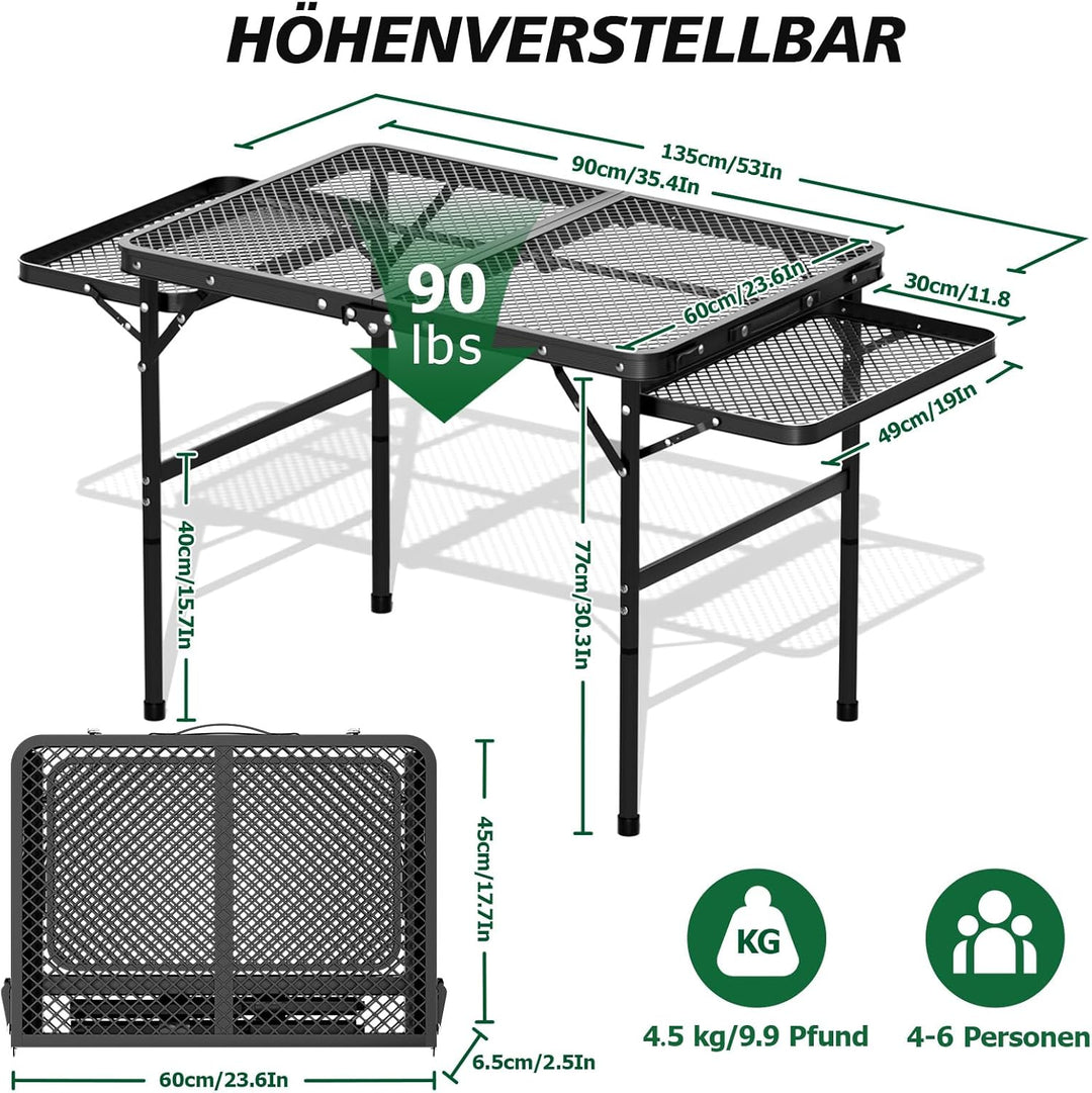 Grilltisch Klappbar 77cm Hoher, Grilltisch Outdoor Klappbar mit 2 Ausklappbare Seitenteile, Höhenver