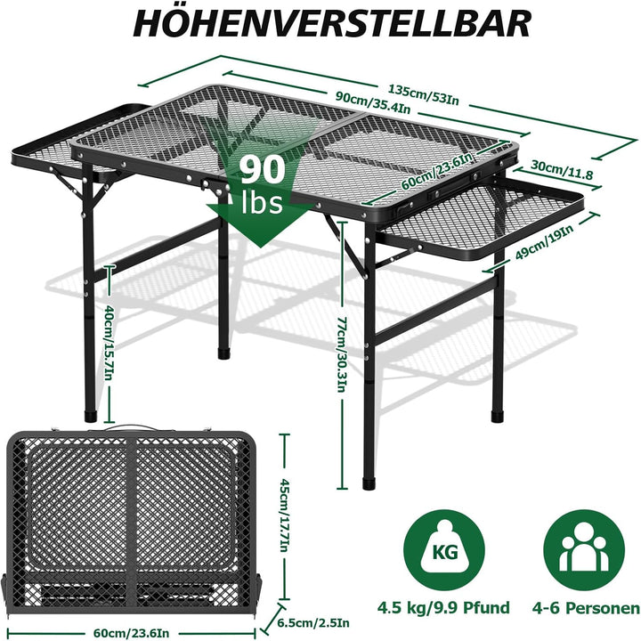 Grilltisch Klappbar 77cm Hoher, Grilltisch Outdoor Klappbar mit 2 Ausklappbare Seitenteile, Höhenver
