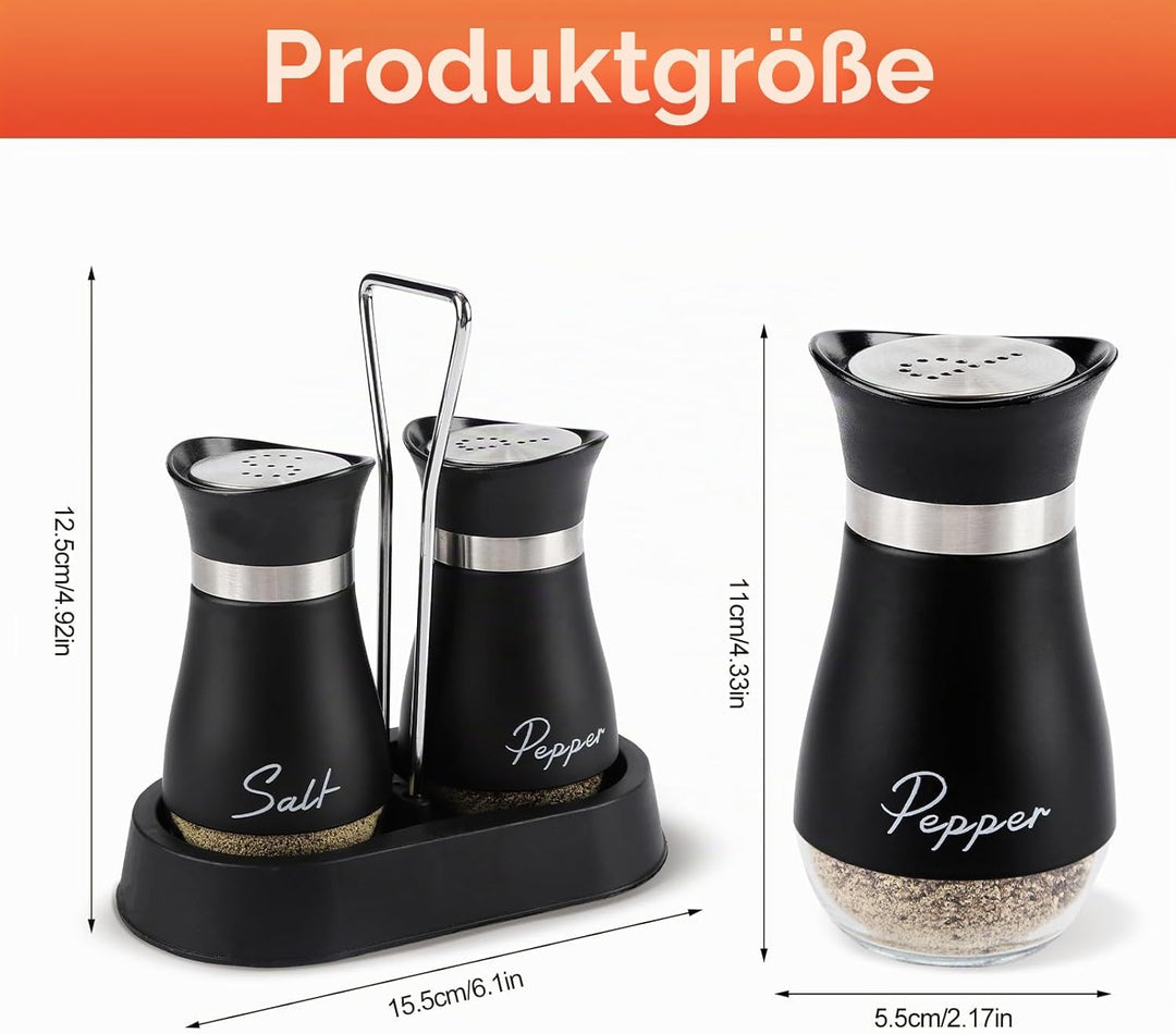 Salz und Pfefferstreuer Set mit Halter, Edelstahl und Glasflasche Salz und Pfefferstreuer mit Halter