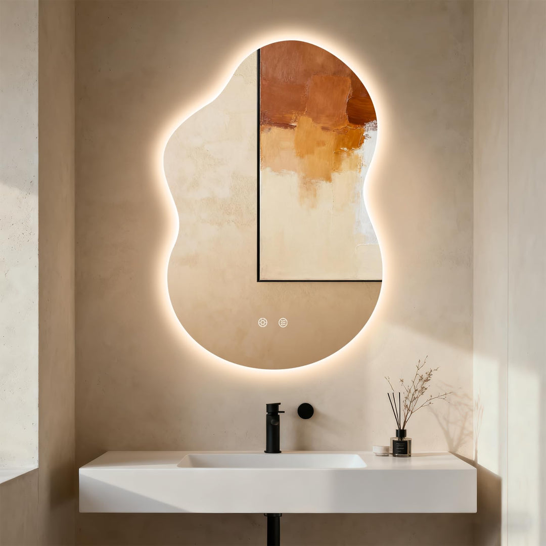 Clevich Badspiegel mit Beleuchtung Asymmetrisch 90×60 cm, LED Spiegel mit 3 Lichtfarben dimmbar, geh
