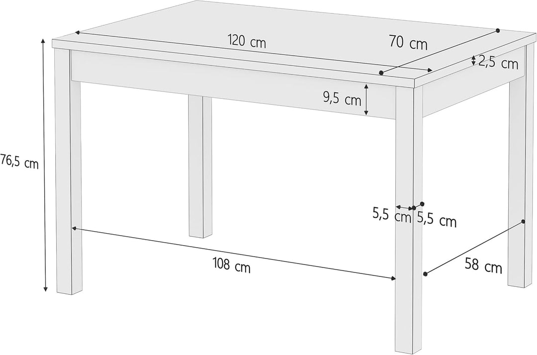 Erst-Holz Weisser schmaler Esszimmertisch aus Kiefer massiv 70x120 cm wählbares Tischbein-Design V-9