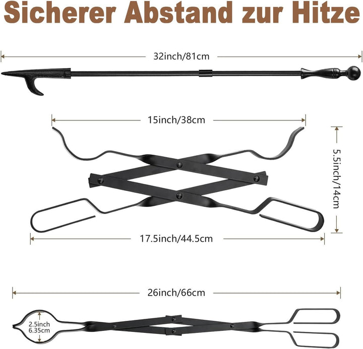 Amagabeli Kaminzangen Set 2-teilig mit Schürhaken & Feuerzange | 66cm Kaminholzzange + 81cm Feuerhak