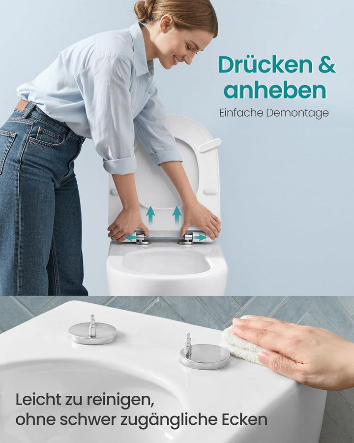 SONGMICS Toilettendeckel, kurze D-Form, WC-Sitz mit Absenkautomatik, Toilettensitz schnell abnehmbar