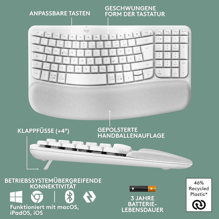 Logitech Wave Keys kabellose ergonomische Tastatur, gepolsterte Handballenauflage, komfortables natü