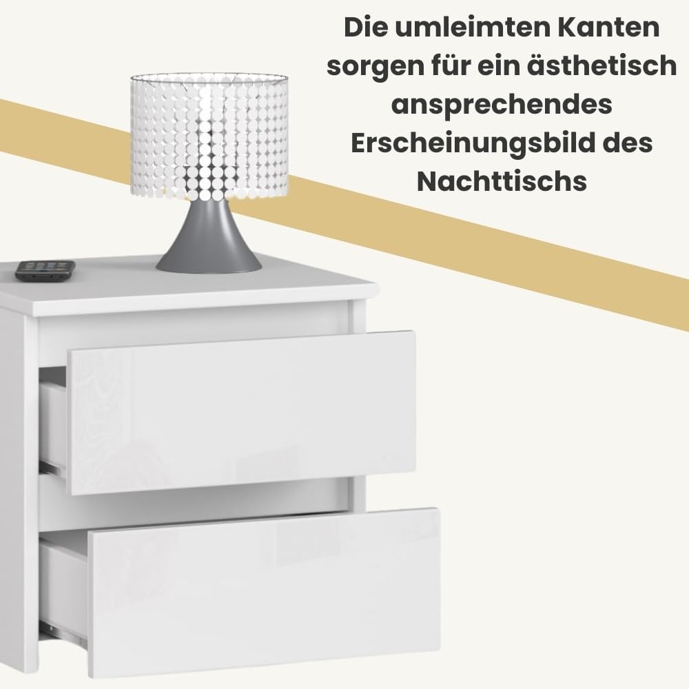 AKORD Nachttisch in minimalistischer Optik, mit 2 Schubladen, B40 x H40 x T35 cm Weiss / Weiss Glänz